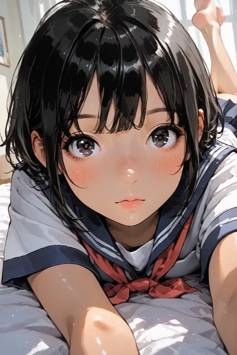 1girl,Super Detailed,absolute resolution,(dynamic angles),(tanned skin:0.3),(portrait),((pinup)),((cowboy shot)),
beside viewer,lying on bed,(on stomach:1.3),(reaching in front),
school uniform,serafuku,(short sleeves),navy pleated miniskirt,barefoot,
deta...