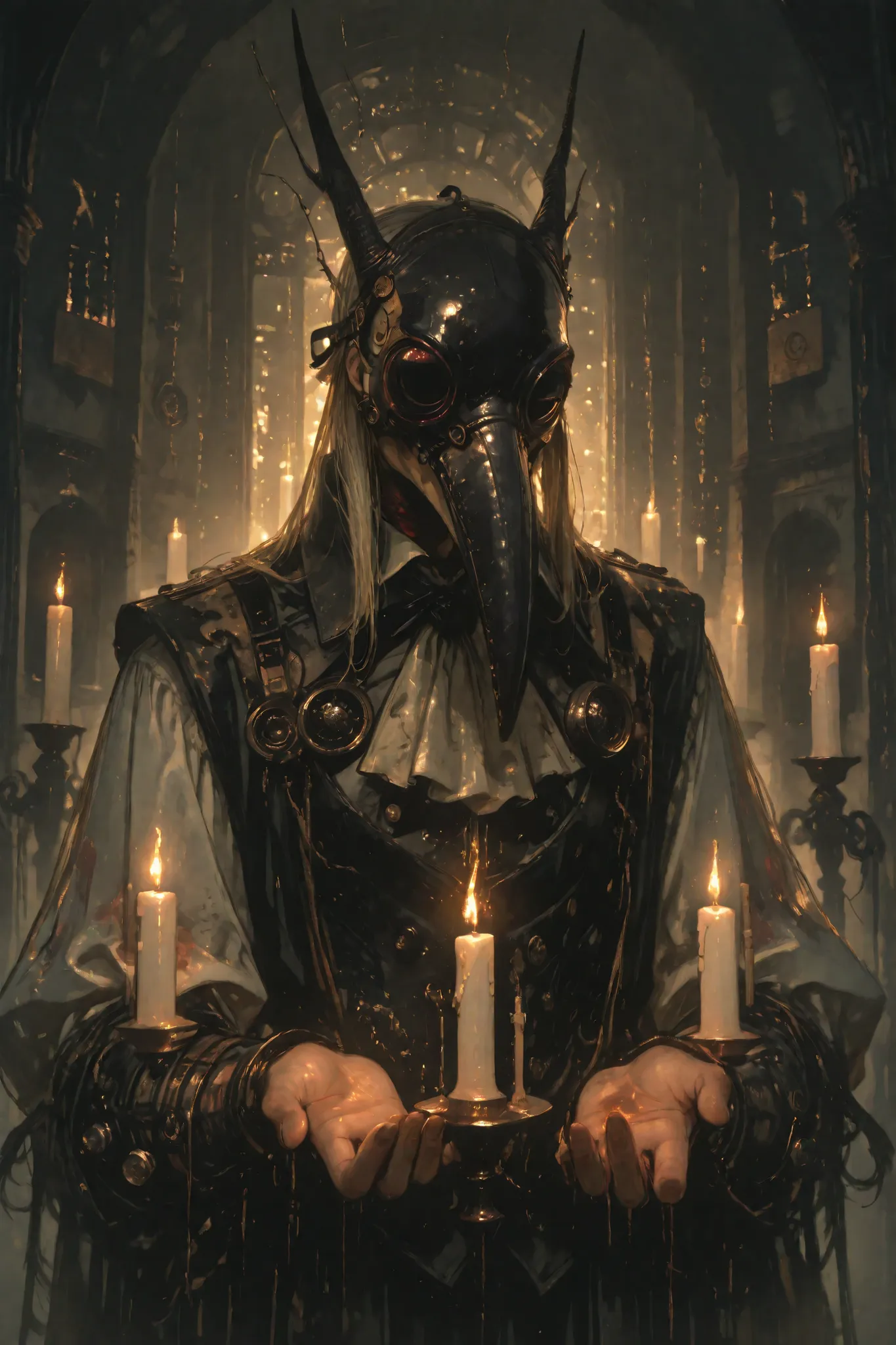 A macabre masquerade ball, aristocrats in elaborate plague doctor masks waltzing amidst floating candles, while ghostly violins play a requiem