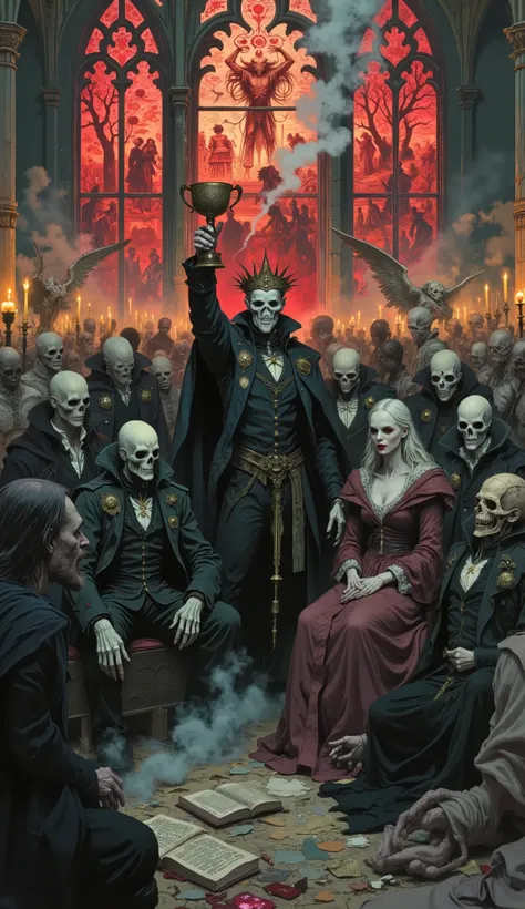 A gathering of the Aristocrats of the Apocalypse, gothic fantasy, dark ceremonial hall, intricate stained glass windows depicting doom, candlelit shadows, highly detailed, dramatic lighting, cinematic atmosphere. A group of noble undead lords and ladies in...