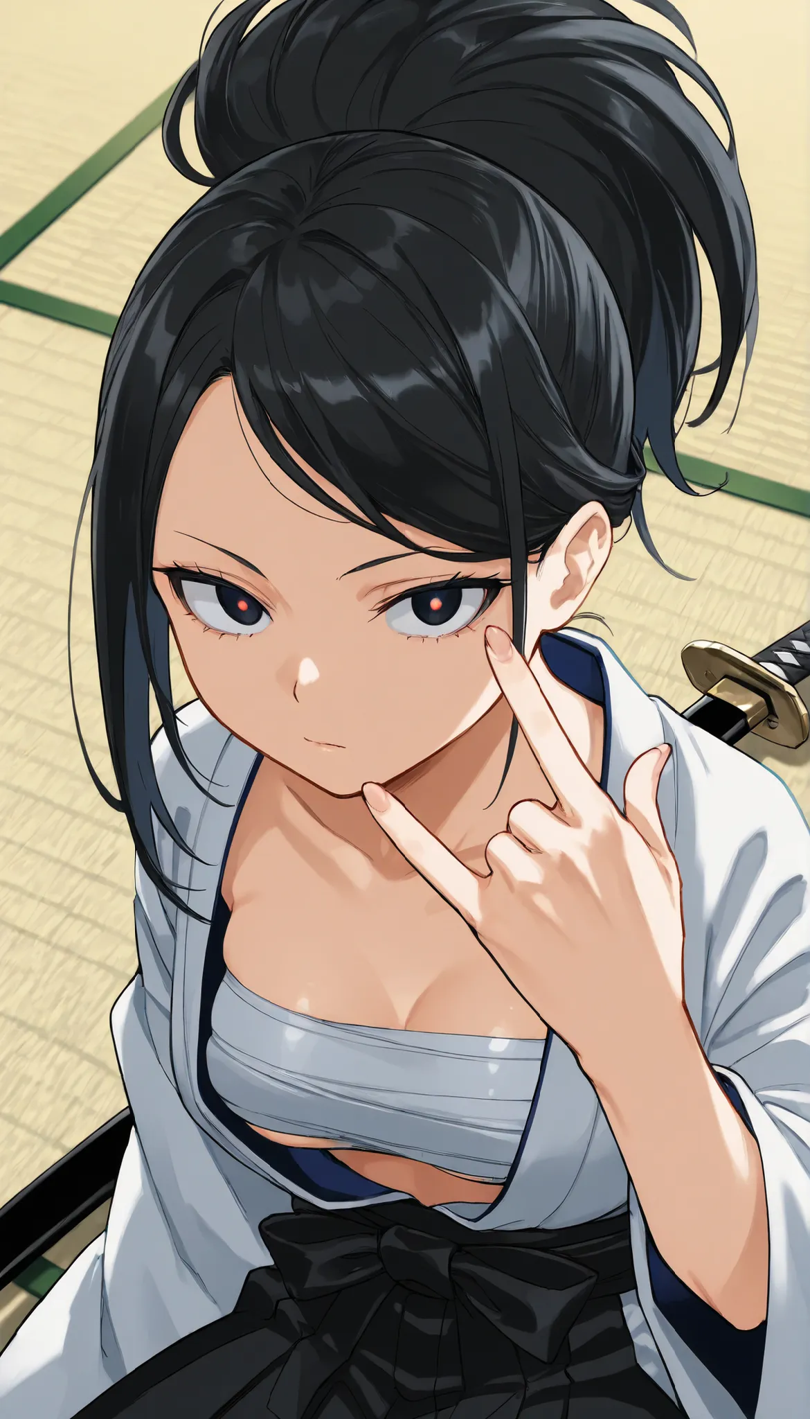Yayorozu 
High quality ,  top quality , masterpiece,  high res , detailed face ,,  anatomically correct, exquisite hairstyle (Lola:Yayorozu )
Alone, 1 woman,solo, 
 long hair, Bang,  black hair,  ponytail,  Dark Eyes,  Slightly Bigger Breasts,Slightly larg...