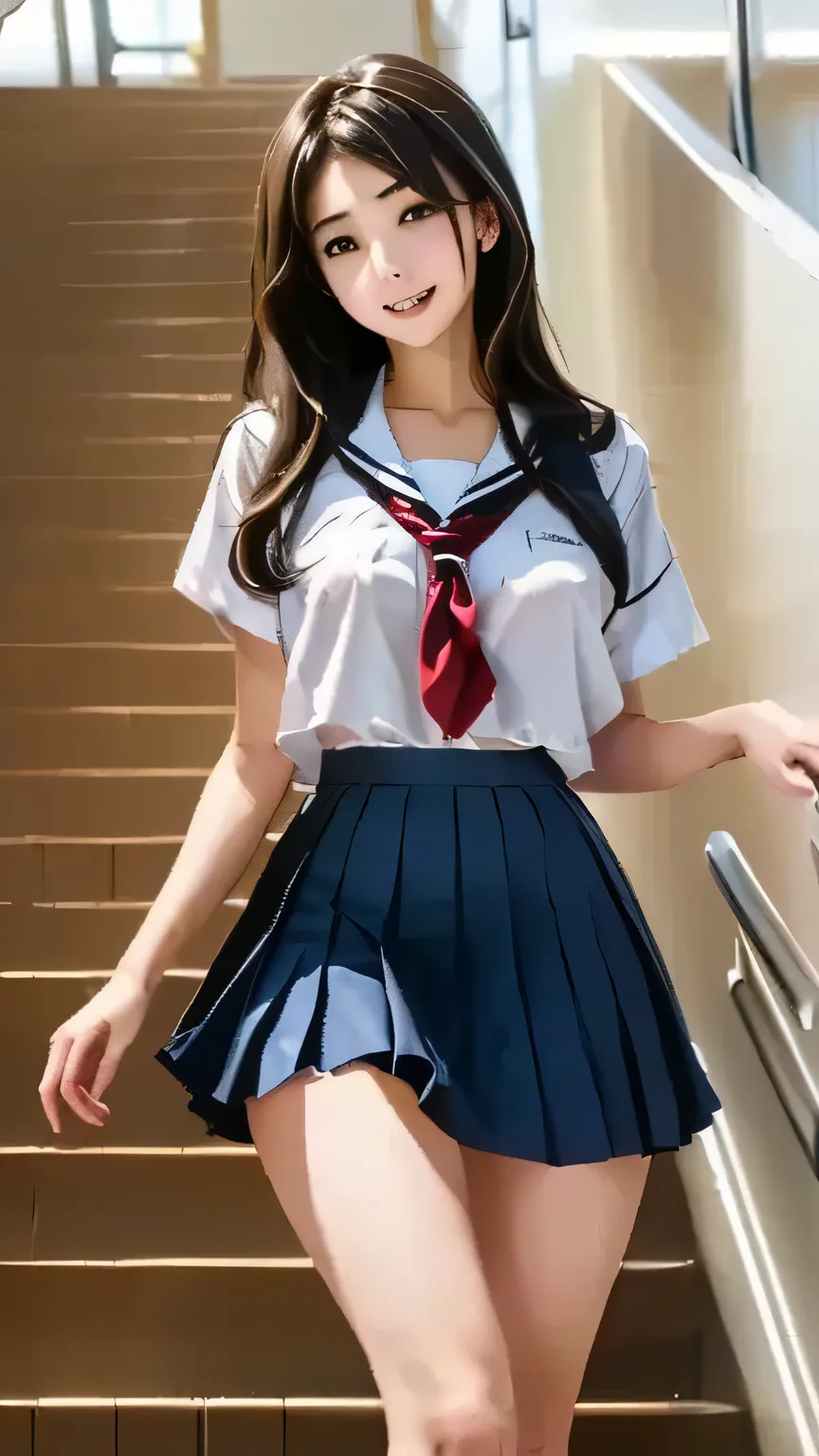 in a skirt and shirt is going up the stairs,miniskirt by kouenn、white panties、 a hyper REAL SCHOOLGIRLS , hyperリアルなwhite panties,  REAL SCHOOLGIRLS , Cute High School Girl, リアルなwhite panties、スカートをはいている and high socks, High School Girl posing, Dressed as a ...