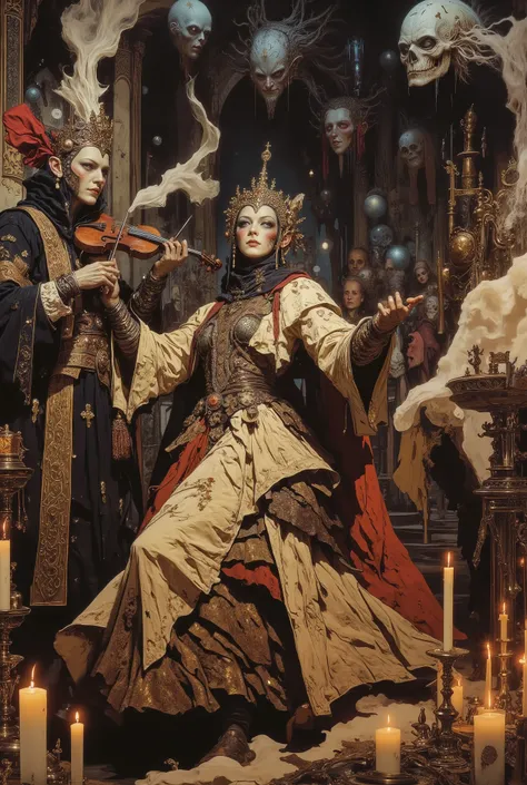 A creepy midnight Doomsday masquerade ball, luxurious Gothic aristocrats in fancy jewel costumes and intricate masks of plague doctors and valkyries waltz wildly among the floating candles, and ghostly violins play requiem.