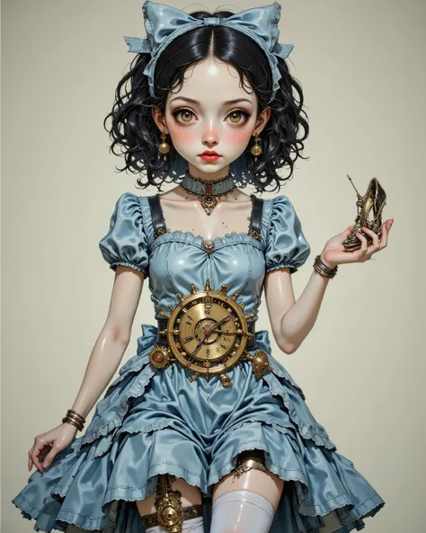 a gothic clockwork Cinderella girl, one mechanical leg exposed under a torn ball gown, holding a broken glass slipper in one hand, oversized sad eyes, curly black hair tied with gears and ribbons, Tim Burton style, pop fairytale vibe, pale blue and bronze ...