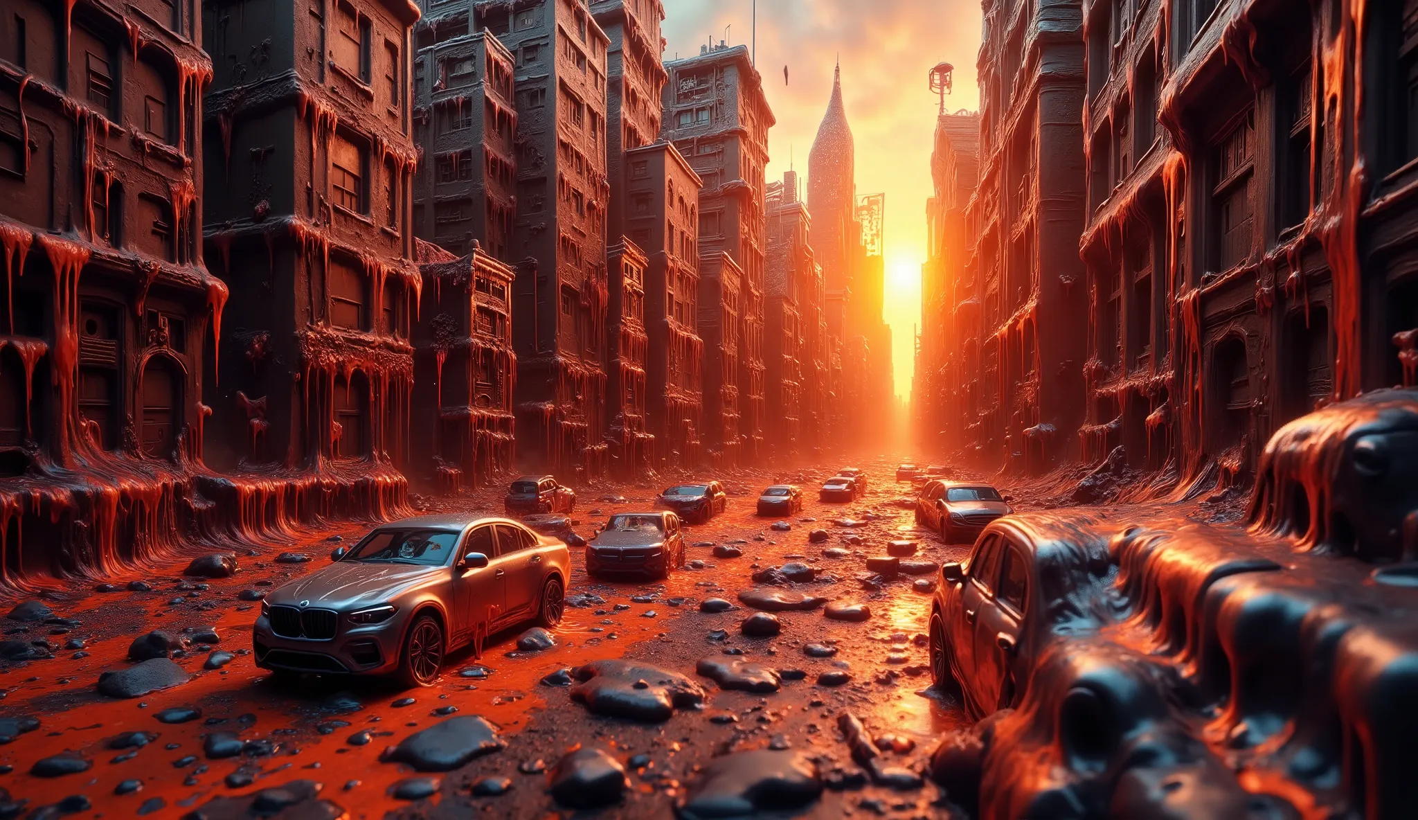 melting city during extreme heatwave, skyscrapers dripping like wax, cars partially melted into the asphalt, streets liquefying, people hiding in the shadows, blinding sunlight, surreal atmosphere, heat distortion in the air, everything wet and oozing, apo...