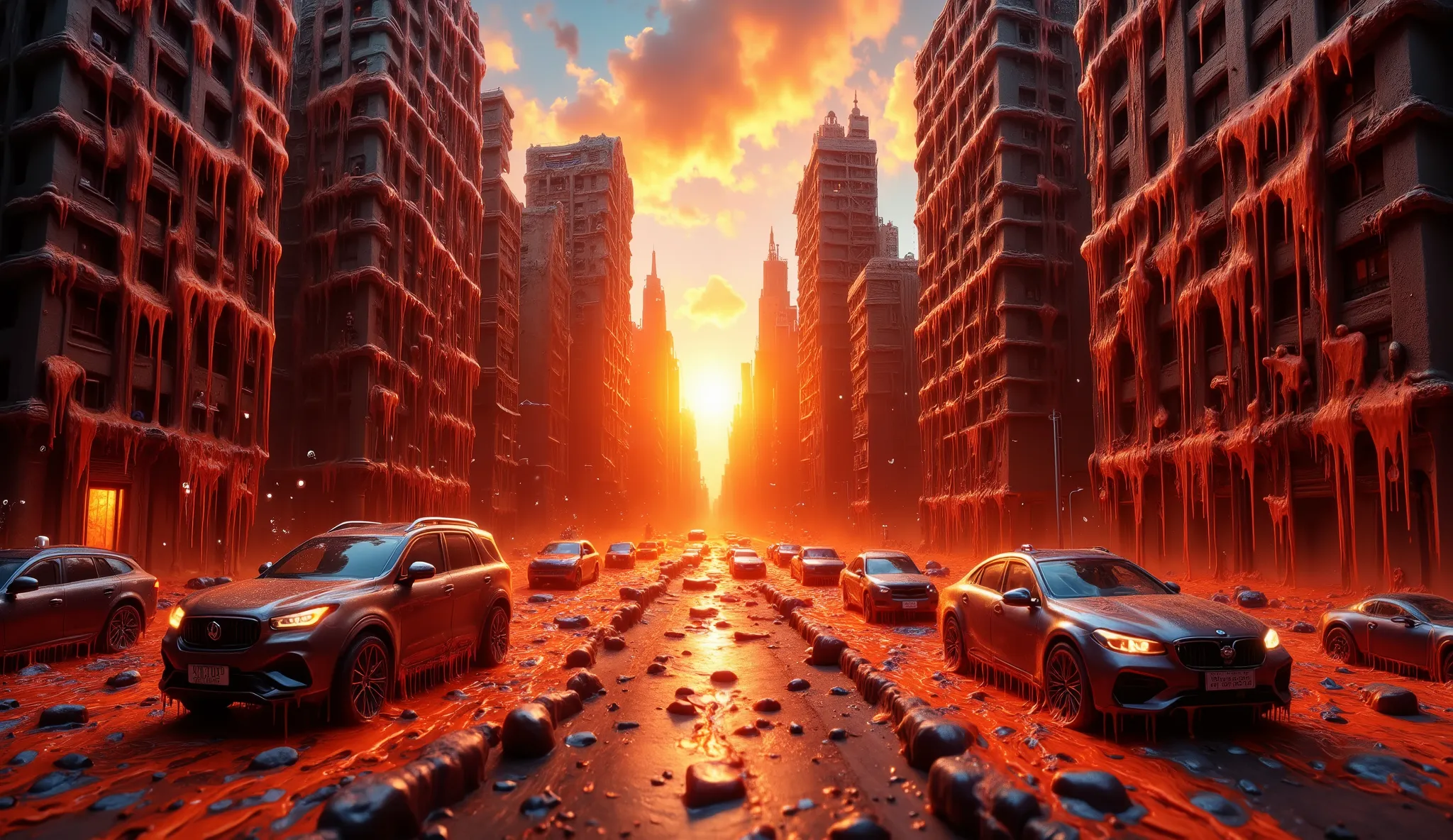 melting city during extreme heatwave, skyscrapers dripping like wax, cars partially melted into the asphalt, streets liquefying, people hiding in the shadows, blinding sunlight, surreal atmosphere, heat distortion in the air, everything wet and oozing, apo...
