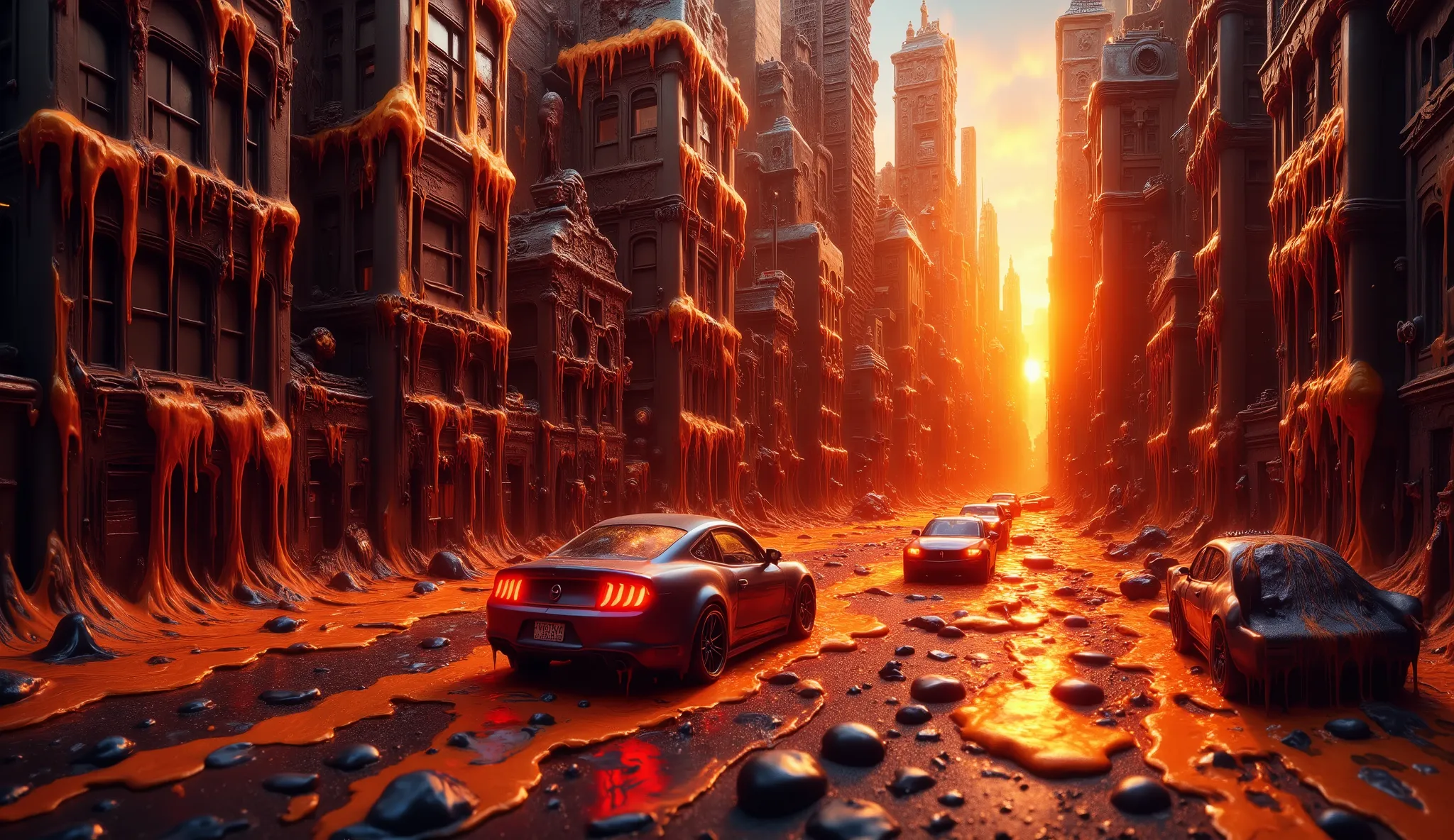 melting city during extreme heatwave, skyscrapers dripping like wax, cars partially melted into the asphalt, streets liquefying, people hiding in the shadows, blinding sunlight, surreal atmosphere, heat distortion in the air, everything wet and oozing, apo...