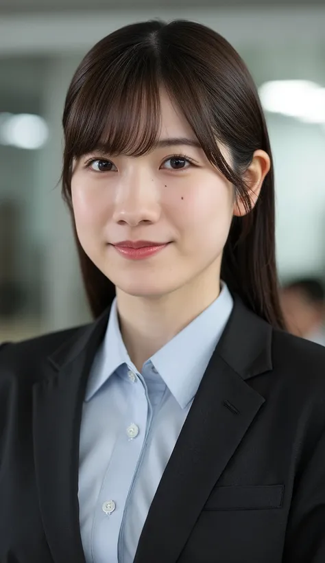 Neat Young Woman、and look at the camera、office lady suit、jacket、shirt、necklace、、ear piercing、、Has bangs、smile showing teeth、Bust Up Shot、background is office
