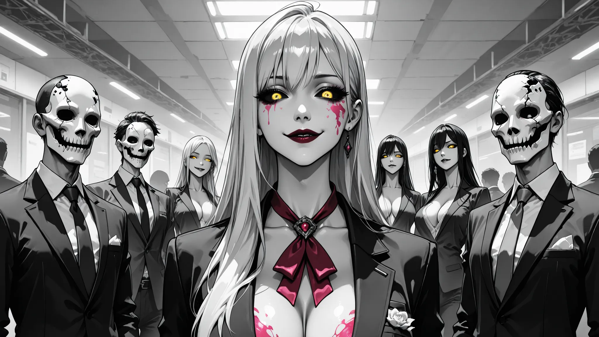 hollow mask , yellow eyes, black sclera,8k,masterpiece, best quality, super high resolution, high resolution, BLACK AND WHITE image, monochrome, slanted eyes, 20s, corporate girl, suit and red tie, cleavage, Hollow mask, long bangs, long hair, pink naked w...