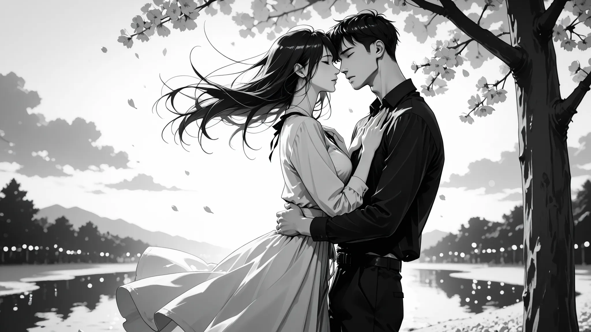 monochromemuse, monochrome, greyscale, ink splatter,monochrome, greyscale,masterpiece, ultra highres, best quality, young couple embracing, tender moment, gentle touch, soft natural lighting, man and woman in love, intimate pose, him holding her face gentl...