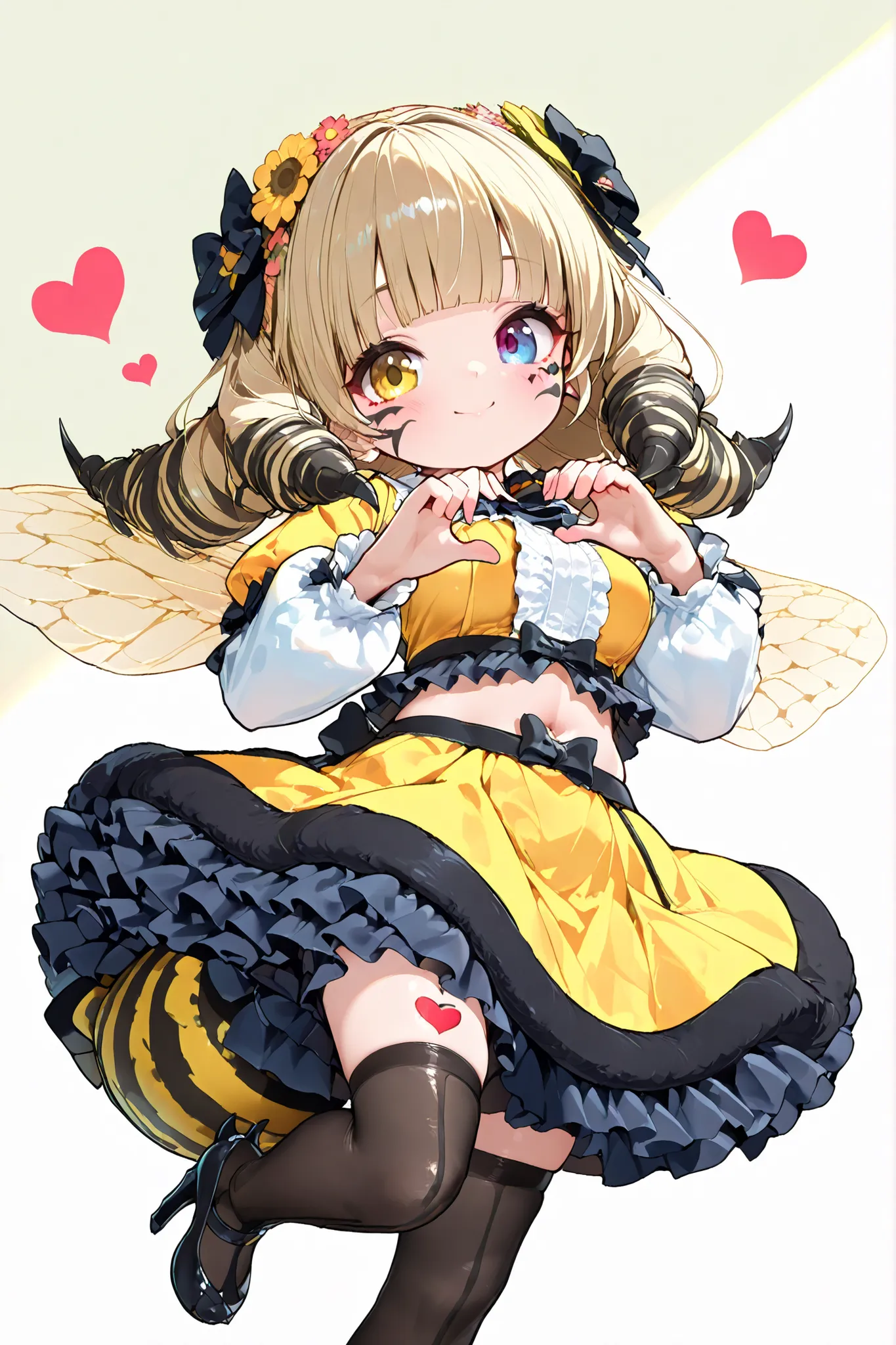 (masterpiece, detailed:1.2),only 1 girl,solo,,chibi,large breasts,full body,from below,heart mark background,
hnyb, long drill hair, blunt bangs, facial mark, hair ornament, hair flower, heterochromia, hnybeetail, wings, bee tail,frilled dress, black thigh...
