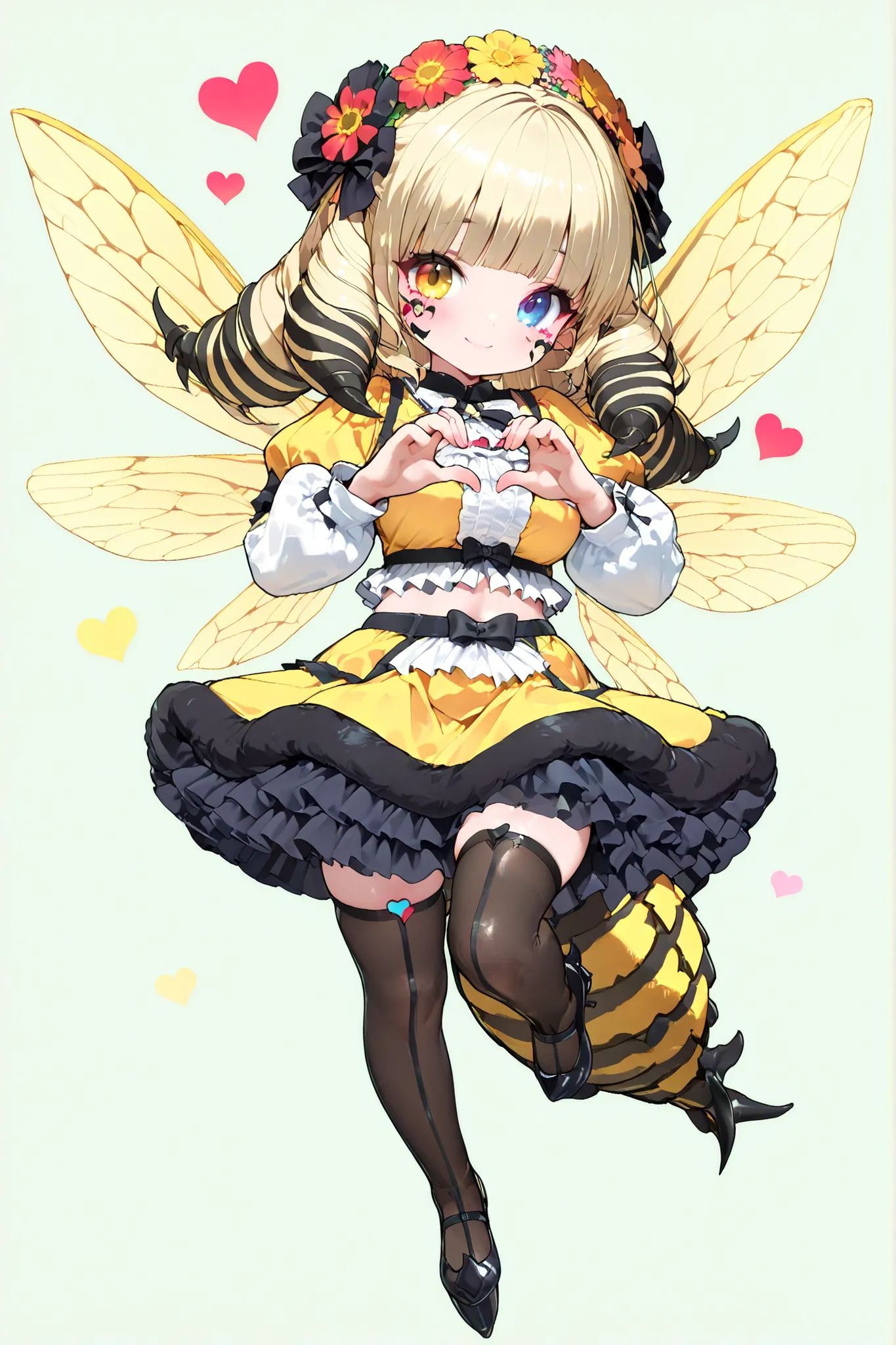 (masterpiece, detailed:1.2),only 1 girl,solo,,chibi,large breasts,full body,heart mark background,side view,
hnyb, long drill hair, blunt bangs, facial mark, hair ornament, hair flower, heterochromia, hnybeetail, wings, bee tail,frilled dress, black thighh...