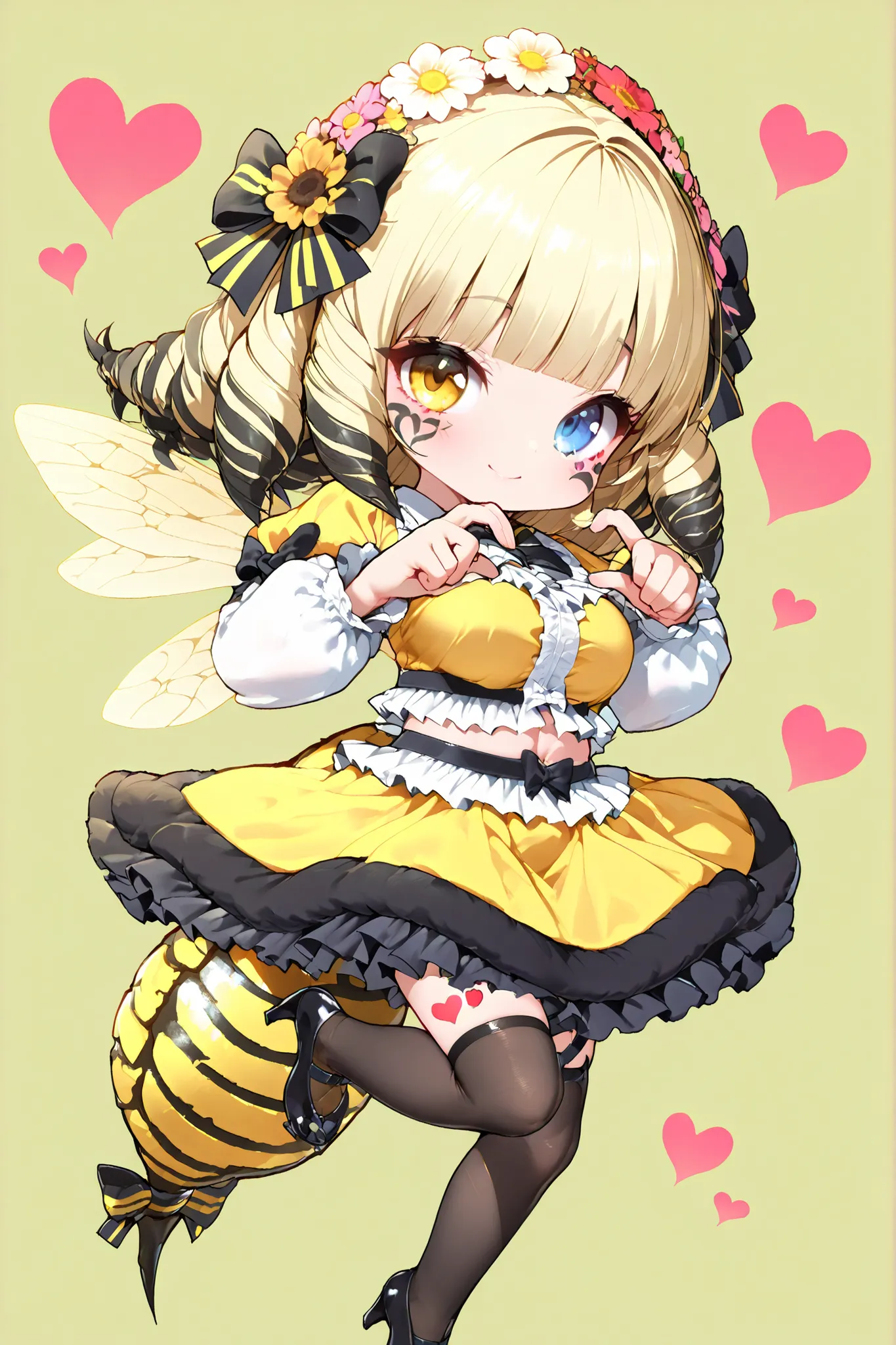 (masterpiece, detailed:1.2),only 1 girl,solo,,chibi,large breasts,full body,heart mark background,side view,
hnyb, long drill hair, blunt bangs, facial mark, hair ornament, hair flower, heterochromia, hnybeetail, wings, bee tail,frilled dress, black thighh...