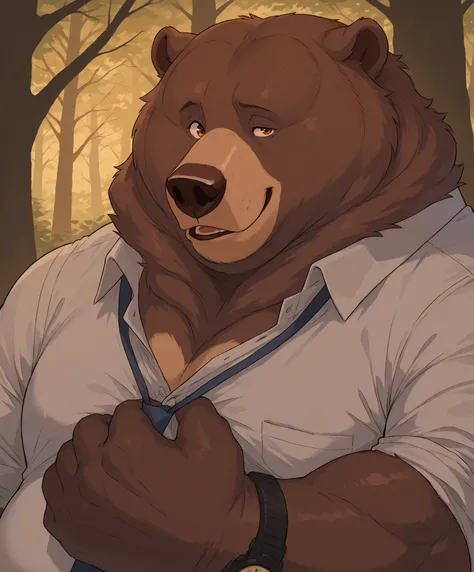 Massive muscular "Tug" Bear; excited showing off white office attire and awesome watch;, fine featured comical expression; burly, (biceps, thick arms), ((obese muscled Kodiak Bear)); Brown fur; (fat Tug Bear; ((fat bulge)); detailed forest background, hi r...