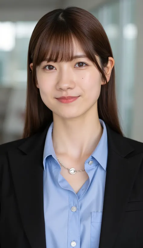 Neat Young Woman、and look at the camera、office lady suit、jacket、shirt、necklace、、ear piercing、、Has bangs、smile showing teeth、薄い茶髪、Bust Up Shot、background is office
