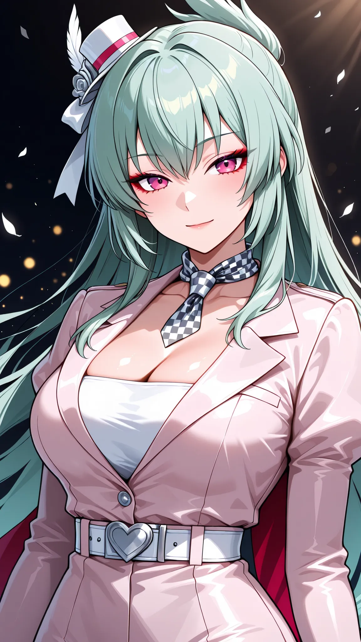 solo, kanzaki_saya,  long hair, mature woman, Tight waist、Small waist、shiny Skin ,  (upper body), light smile, light pink outfit with a tuxedo motif,tuxedo,white designer dress shirt,
large light green ribbon on the collar,white belt,
large silver heart-sh...