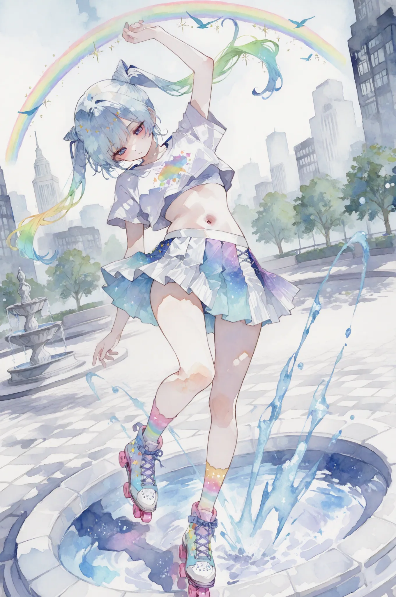 top quality, superb quality, 8K Wallpaper 1 Girl, anime style,  full body depiction,  Watercolor Touch, Dynamic Sumi Painting Expression, Belly Button Show Look, Pastel Blue Crop Top, Rainbow Gradient Pleated Skirt, Glitter Embellished Roller Skates, Color...