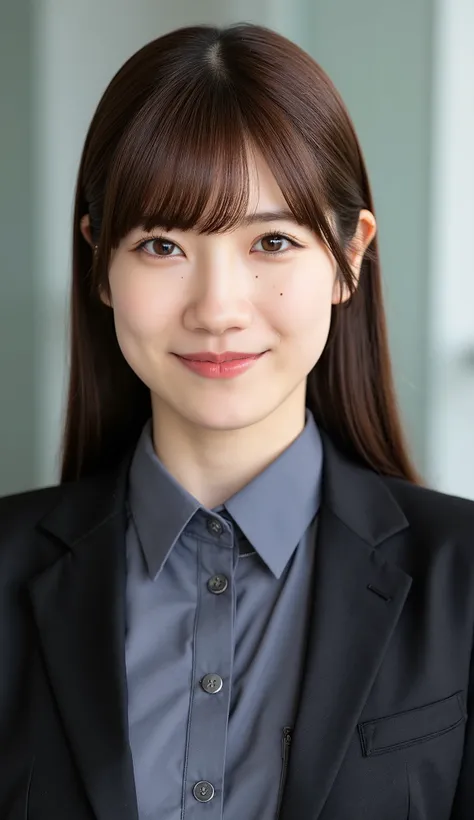 Neat Young Woman、and look at the camera、office lady suit、jacket、shirt、necklace、、ear piercing、、Has bangs、smile showing teeth、薄い茶髪、Bust Up Shot、background is office
