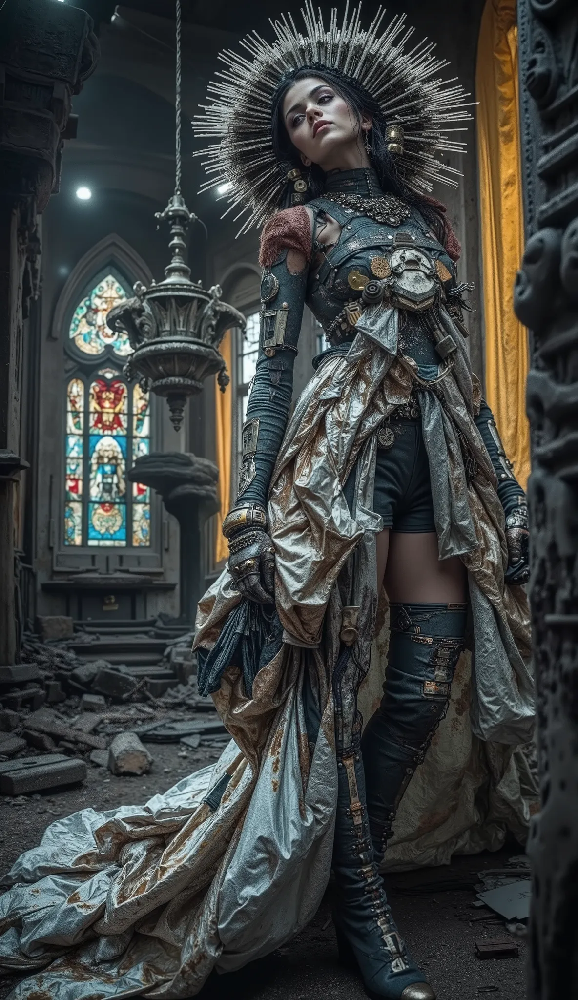 In a post-apocalyptic world, a beautiful woman wearing a cheap, see-through foil dress made from trashed plastic bags and plastic bags that clings to her figure, adorned with artfully arranged, salvaged parts, brass gears, and details made from colorful ol...