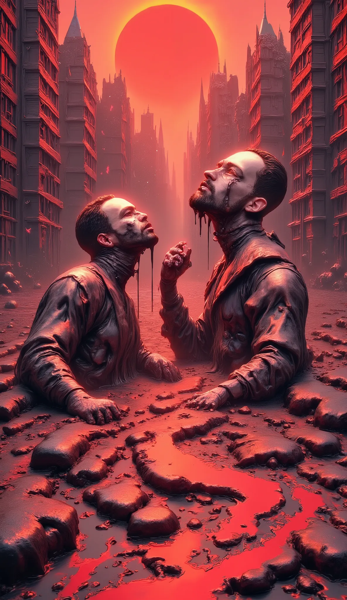 abandoned post-apocalyptic city in painting style, melted pavement, warped buildings dripping like wax, red blazing sun in a hazy sky, a bearded man and a brunette woman both wearing sunglasses, partially melting, faces and clothes oozing, makeup running,...