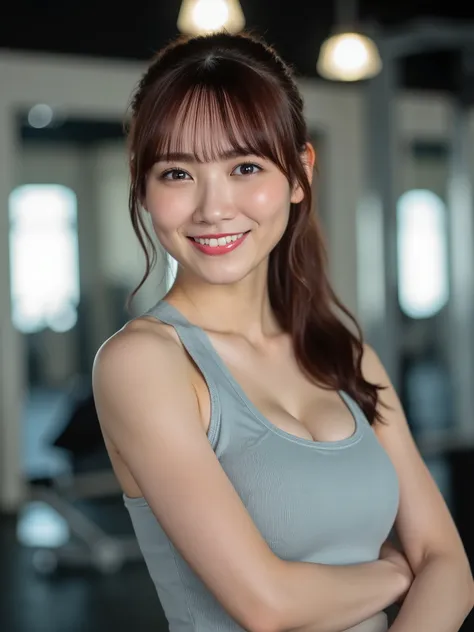 1 girl 、real photos、4K High Resolution Photo、Tank Top、26 Year Old Gravure Idol、ponytail、cute hairstyle、Inside the gym、smile