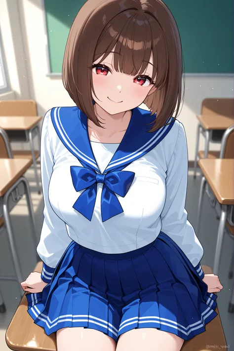 brown bob、mischievous smile、sailor suit、pleated skirt that awakens to expressiveness、Seats next to viewers、In class