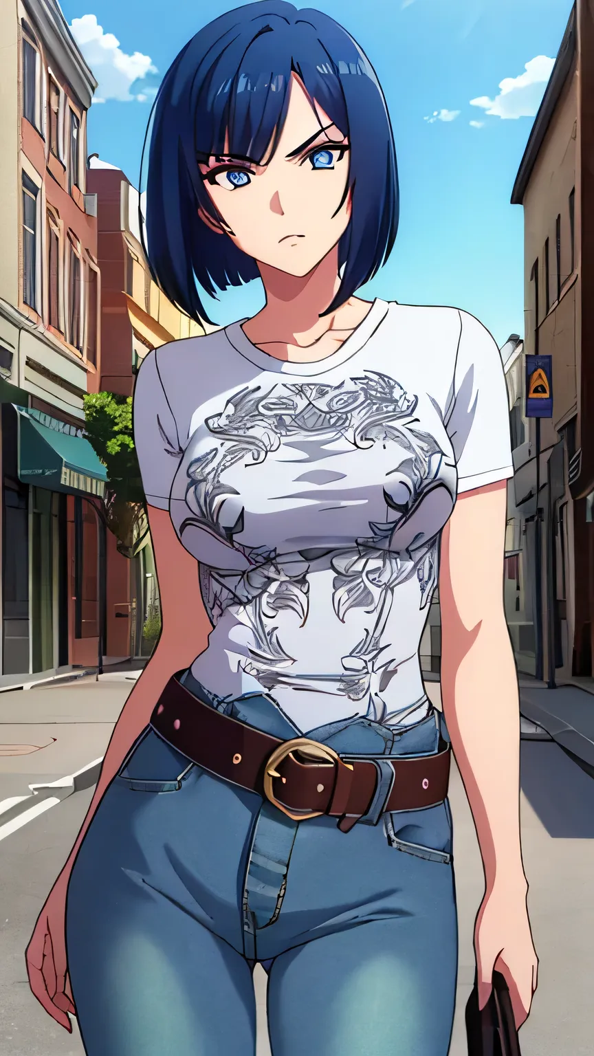 (masterpiece, best quality, high resolution, 8k:1.2), (anime coloring:1.2), highly detailed, tachibana, (medium breasts), (glare), blue eyes, short hair, blue hair, bob cut, beautiful eyes, perfect eyes, fine eyes, brown eyes, featuring big highlights, det...