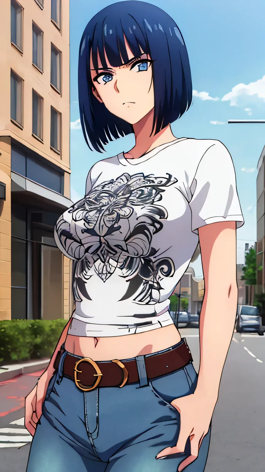 (masterpiece, best quality, high resolution, 8k:1.2), (anime coloring:1.2), highly detailed, tachibana, (medium breasts), (glare), blue eyes, short hair, blue hair, bob cut, beautiful eyes, perfect eyes, fine eyes, brown eyes, featuring big highlights, det...