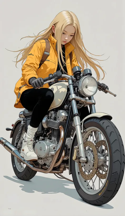 A young woman with long hair , her flowing blond hair oozes a big, Sturdy bike, sense of adventure and calm determination. The bike itself is an interesting blend of realism and stylized illustrations {x} She has a white accent I'm wearing a mustard yellow...