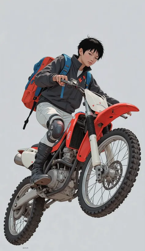 A dynamic illustration features a person riding a Honda CRF dirt bike, a model noted for its rugged design and off-road capabilities. The motorbike is prominently red, with blue and white accents, highlighting its sporty and adventurous character. The ride...