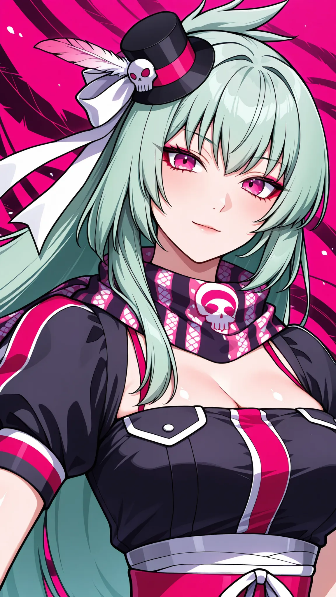 solo, kanzaki_saya,  long hair, mature woman, Tight waist、Small waist、shiny Skin ,  (upper body), light smile, Pink skull printed dress,mini top hat with white ribbon and feather,elaborate design, A cute checked scarf, Wrap it around your neck