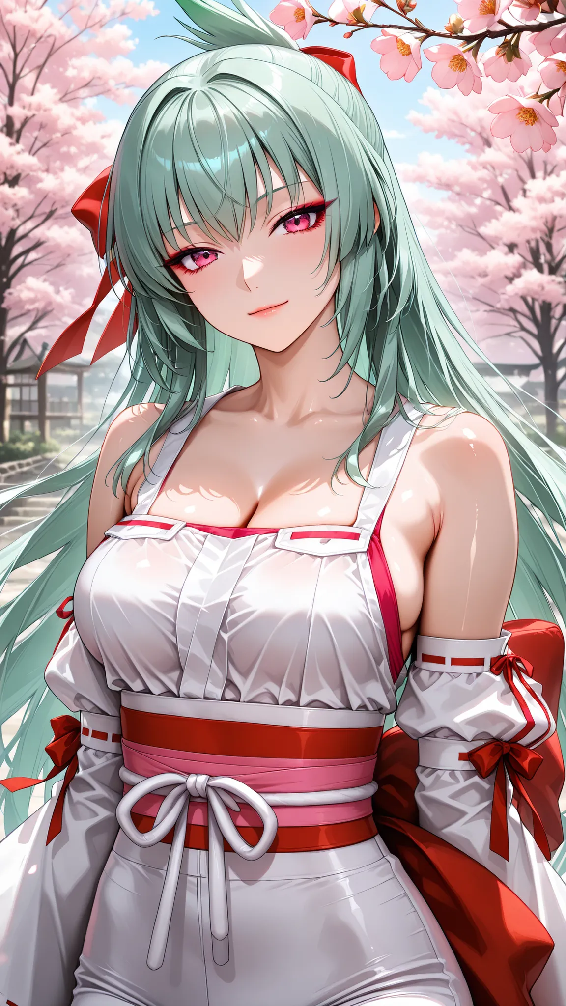 solo, kanzaki_saya,  long hair, mature woman, Tight waist、Small waist、shiny Skin ,  (upper body), light smile, miko outfit,