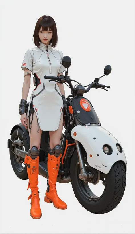 a young woman stands confidently next to a futuristic car, a compact car stands out against a minimalist background. her outfit is modern and stylish; she's dark, the high-collared, short-sleeved dress and bright orange knee-high boots add a striking contr...