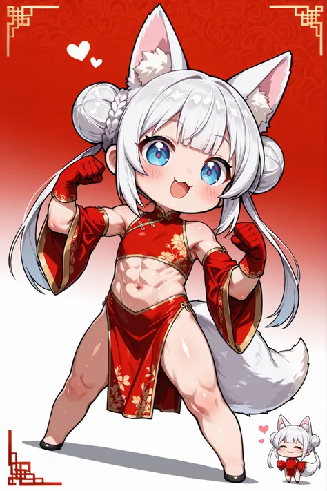 ((Masterpiece)),((best quality)),((incredibly absurdres)),((8K)),(anime style),
(1 chibi girl),((Deformed chibi)),solo,white hair,long hair,straight hair,blue eyes,baby face,cute,kawaii,BREAK (white fox tail),(white fox ears),white ear hair,pink inner ear,...