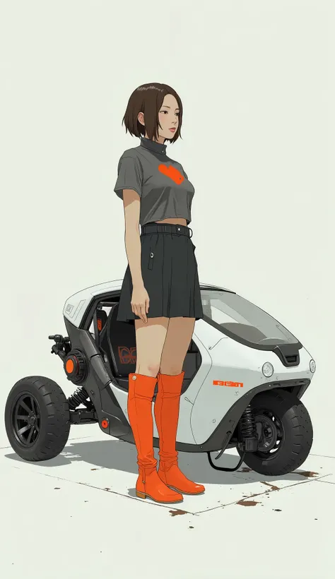 a young woman stands confidently next to a futuristic car, a compact car stands out against a minimalist background. her outfit is modern and stylish; she's dark, the high-collared, short-sleeved dress and bright orange knee-high boots add a striking contr...