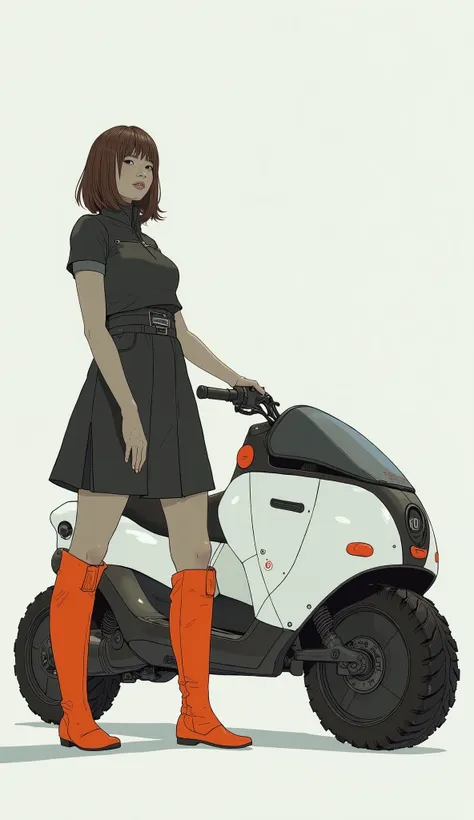 a young woman stands confidently next to a futuristic car, a compact car stands out against a minimalist background. her outfit is modern and stylish; she's dark, the high-collared, short-sleeved dress and bright orange knee-high boots add a striking contr...