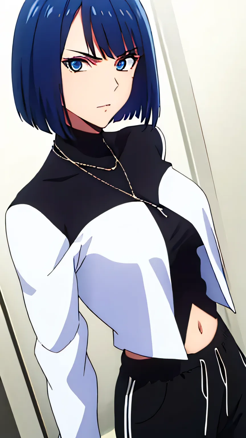 (masterpiece, best quality, high resolution, 8k:1.2), (anime coloring:1.2), highly detailed, tachibana, (medium breasts), (glare), blue eyes, short hair, blue hair, bob cut, beautiful eyes, perfect eyes, fine eyes, brown eyes, featuring big highlights, det...