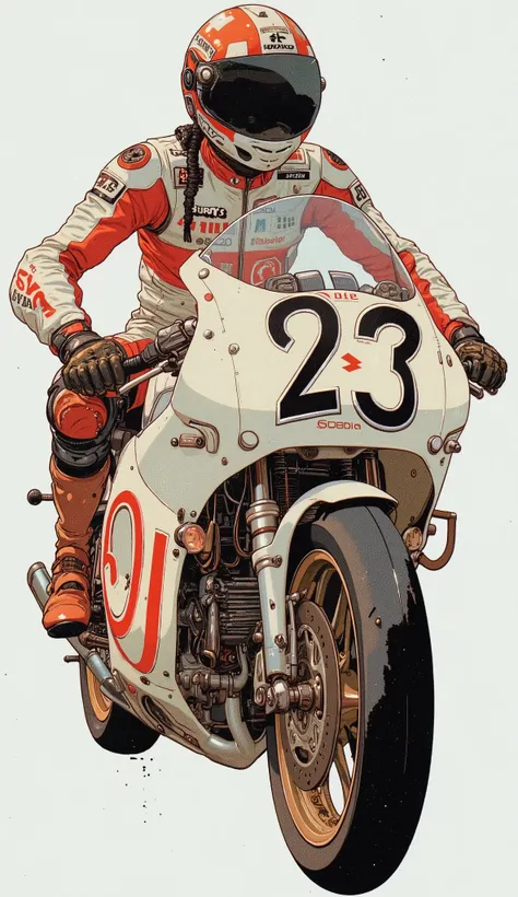 Arafe Motorcycle Racer in White and Red Outfit Riding a Motorbike, , Pedro Bell Artwork, Inspired by Koji Honda, akira moto, 3d rendering of Germa 985 , Makoto Takahashi, motorcycle concept art, rgp artwork , Futuristic Suzuki, 1990s Moto GP Advertisement...