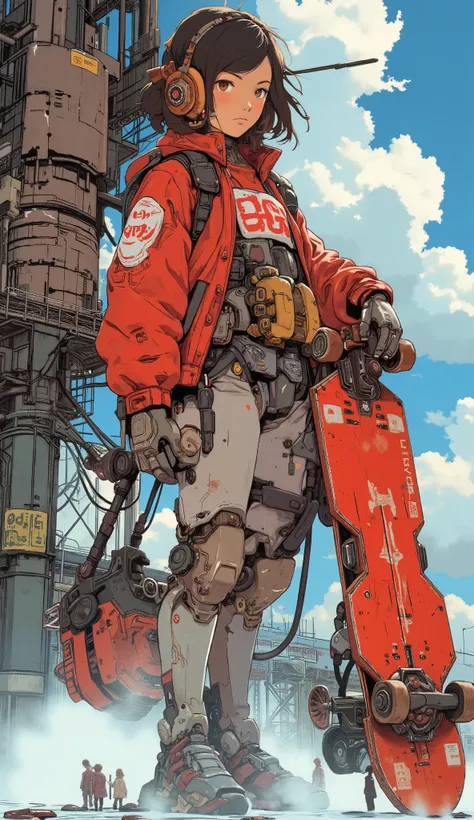 anime girl in red jacket standing next to a red Skateboard, The aesthetic of anime mecha, Fighter drones, Girl with ship parts, Pilot Girl, Skateboard, Macross's style, Akira art style, 第5世代Skateboard, cute Pilot Girl, Akira Vibe, Akira's Japanese Art , ...