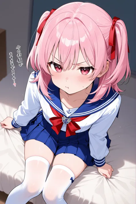 Women、pink hair、medium hair、cute like a little sister 、cute sailor suit with red ribbon、Navy Blue Pleated Skirt、knee-high socks、tsundere