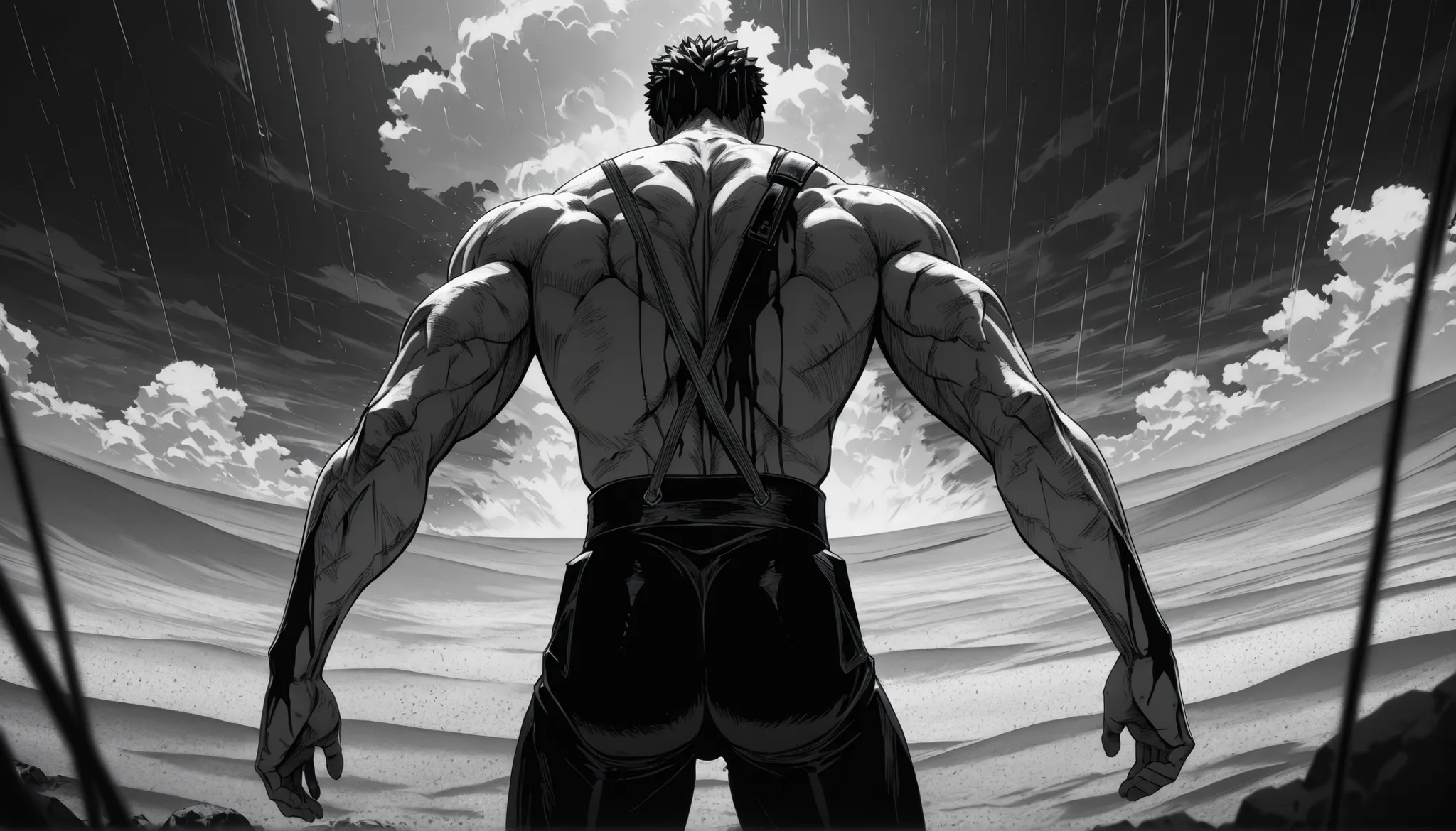 manga,(masterpiece), (ultra-detailed), (very aesthetic), (absurdres), (ultra high resolution), NSFW, frontal angle, Best quality, High quality, Detailed, High resolution, 8k, Ultra high res, highest quality, BLACK AND WHITE image, monochrome, muscular war...