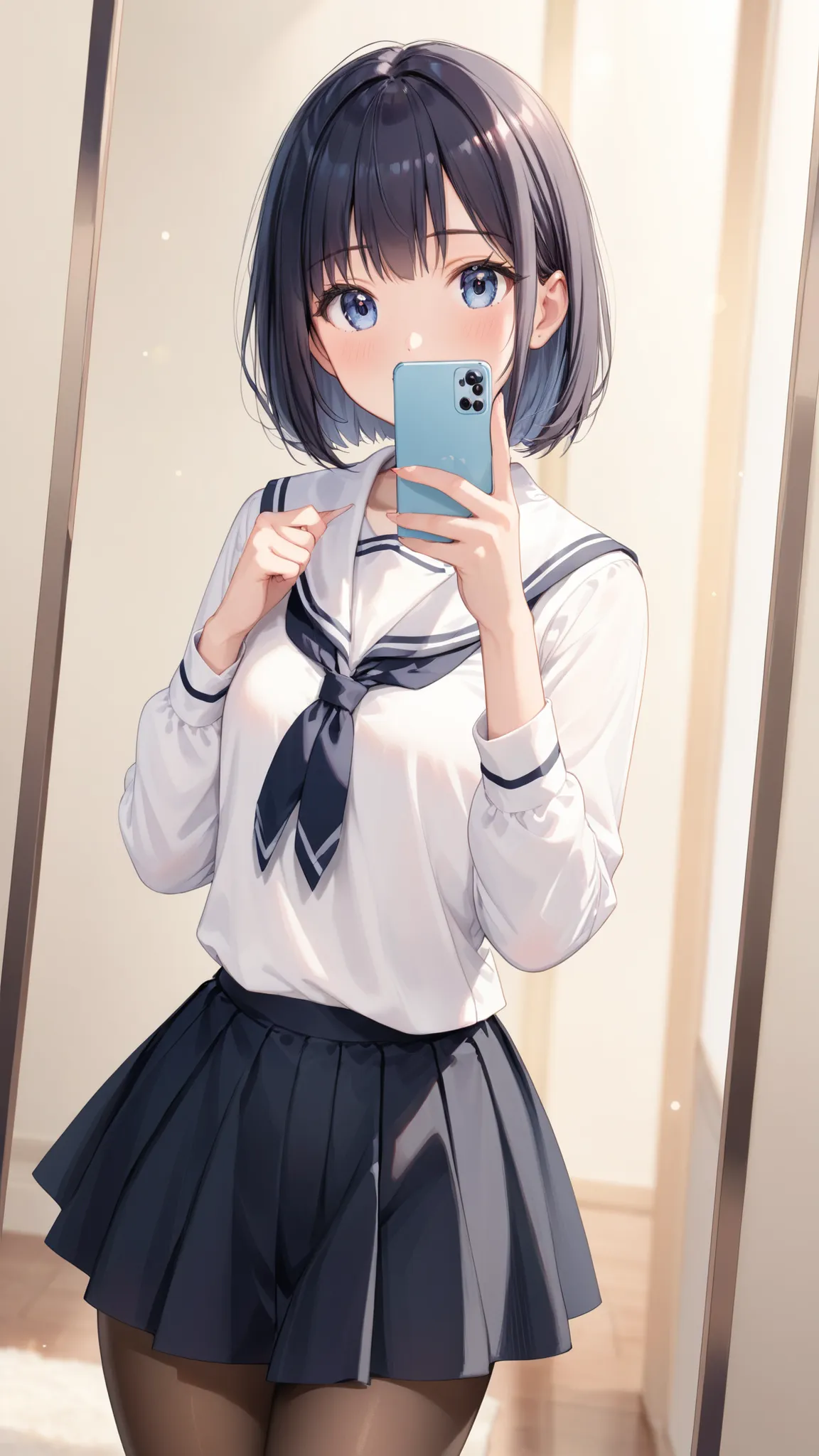 slf、selfie、upper body portrait、Animated Illustration、Soft Lighting、soft shadows、Cute Girl、Black Bob Cut、wolf cut hair、Lighted hair、flat chest、Summer school uniform、black pantyhose、Slightly thick thighs 、 no shoes 、holding a smartphone、Standing Pose、selfieし...
