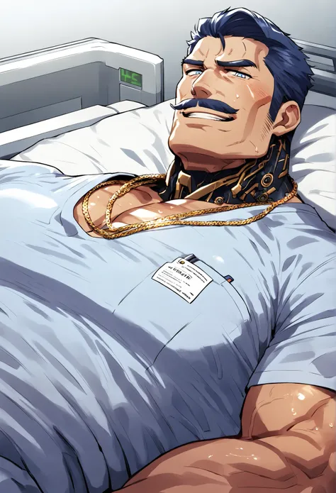 A middle-aged, muscular cyborg company president, lying down on a bed in the hospital, wearing a very sweaty hospitalized uniform, grinning, mustache, sweaty body, dark blue hair, light blue eyes, looking at the viewer, his neck is machine, high heatstroke...