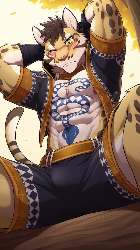 likulau, solo, furry, clouded leopard, tail, chest tattoo, perfect eyes, yellow eyes, one eye closed, blush, muscular, toned male, large pectorals, dynamic angle, from below, open jacket, fingerless gloves, black shorts, hands behind head, unparalleled mas...