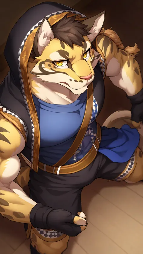 likulau, solo, furry, clouded leopard, tail, perfect eyes, yellow eyes, muscular, toned male, large pectorals, dynamic angle, from above, hood, open jacket, fingerless gloves, black shorts, close up, posing, unparalleled masterpiece, amazing quality, best ...
