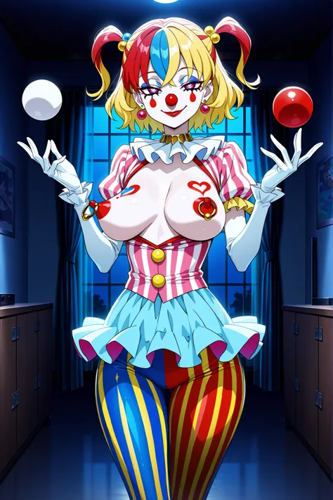 masterpiece, best quality, amazing quality, very aesthetic, absurdness, highres, newest,(anime screencap:1.4),female focus, 1girl,(clown makeup:1.2),multicolored hair,backroom, backstage , juggling ball,open clotch,breasts out,painted nipple,nipple rings,c...