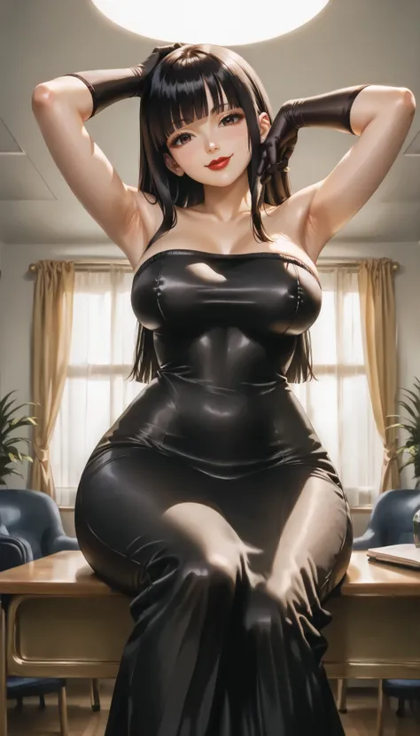 high res,32K,masterpiece,top quality,ultra detailed face,(Bedroom:1.4), one beautiful Japanese woman ,(black eyes:1.2), (large breast:1.4),(beautiful face,small face:1.3),dark haired,(long hair,hime cut,asymmetrical bangs),(seductive smile:1.2),Red lipstic...
