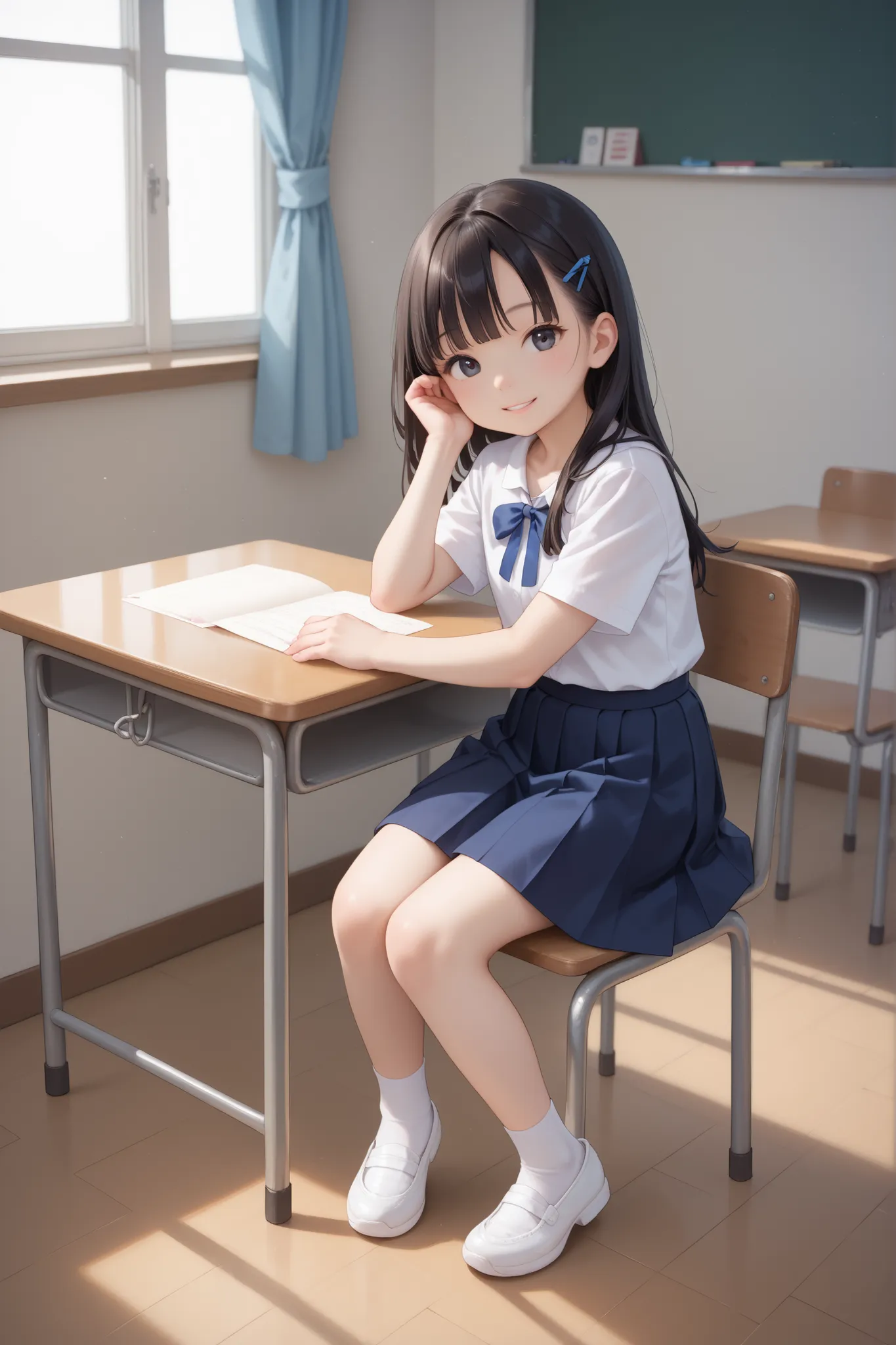 score_9, score_8_up, score_7_up, source_anime, masterpiece, highest quality, young girl with large-sized breasts, black eye, black hair, long hair, white shirt, short sleeve, school ribbon, navy blue skirt, white socks, white shoes, in classroom, sitting o...
