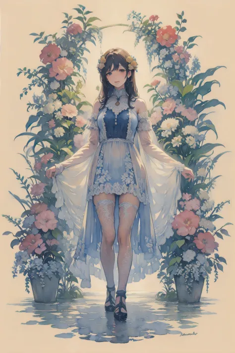 Mucha art deco style, Plant and tree design、1 woman, Watercolor, summer, lac34rmor, (cat, from front)