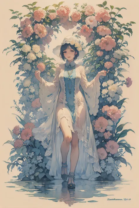 Mucha art deco style, Plant and tree design、1 woman, Watercolor, summer, lac34rmor, (cat, from front)