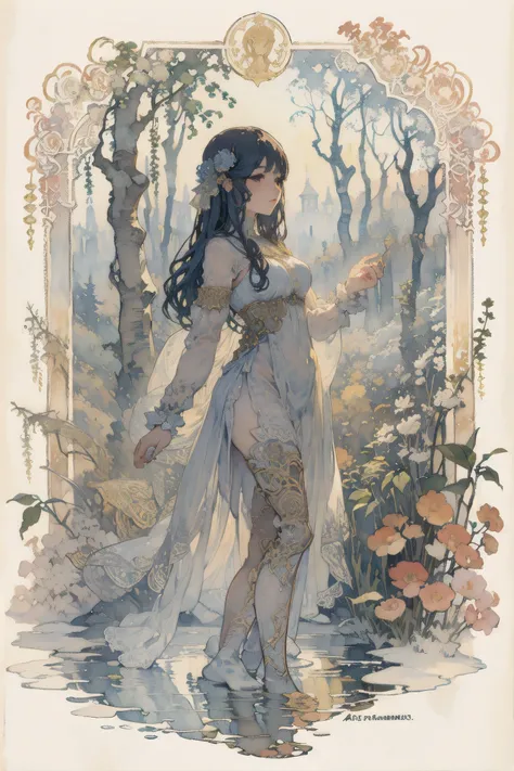 art nouveau, alphonse mucha, ivan bilibin,, Plant and tree design、1 woman, Watercolor, summer, lac34rmor, (cat, from front)